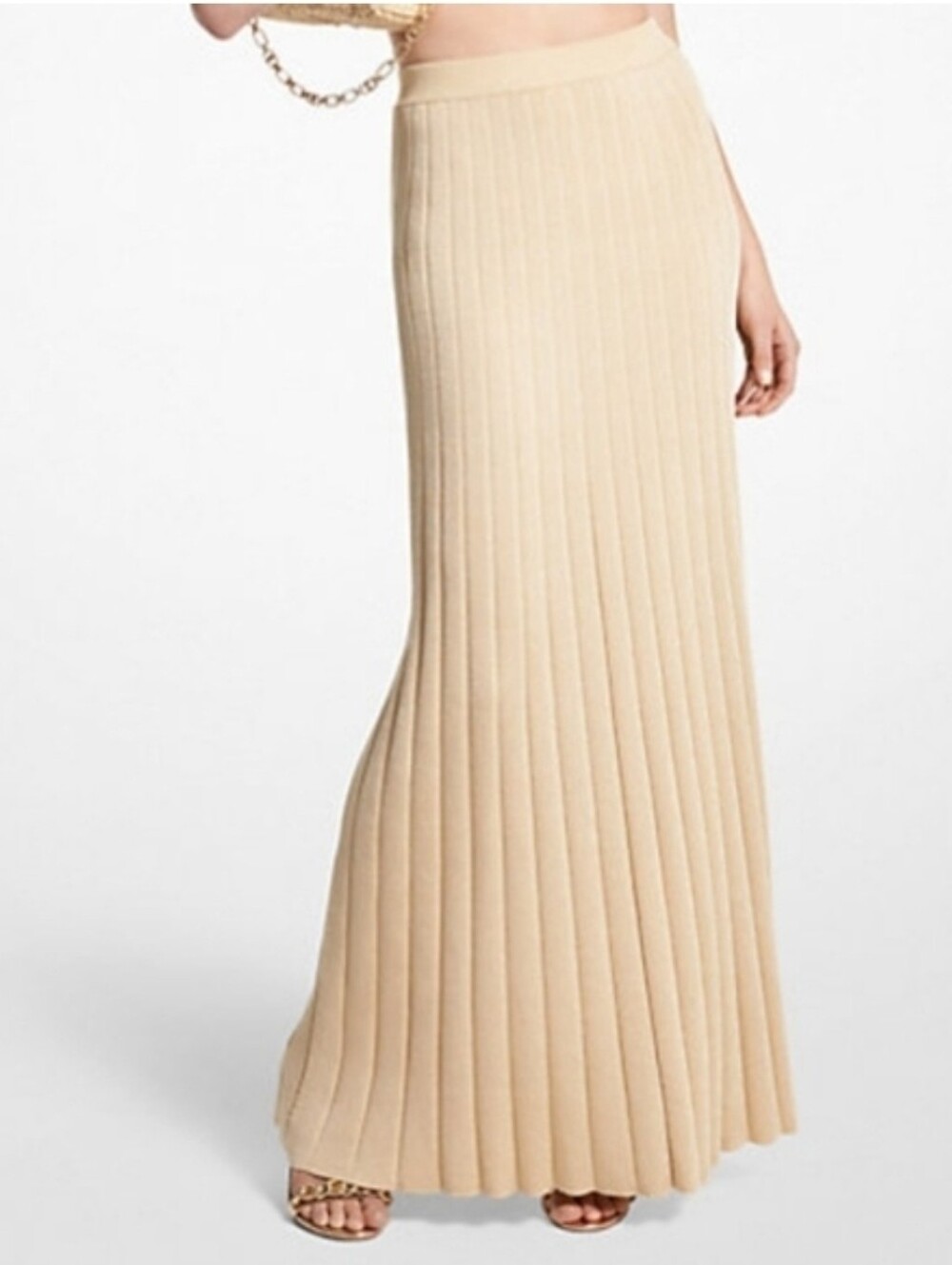 Michael KORS Gold Metallic Ribbed Knit Pleated Formal-Evening Maxi Skirt, XS,NWT